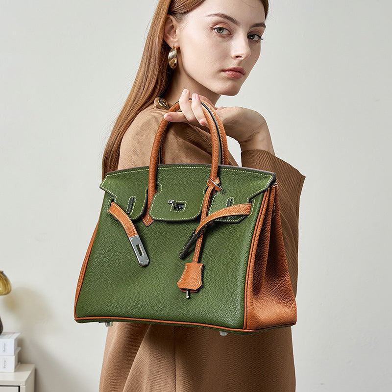 Chic 30cm Pebbled Leather Birkin-Inspired Tote Bag for Women, Genuine Leather Large Capacity Shoulder Top-Handle Handbag with Elegant Turn-Lock, Perfect Work Commuter Purse