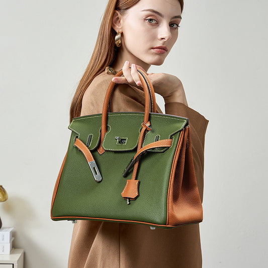 Chic 30cm Pebbled Leather Birkin-Inspired Tote Bag for Women, Genuine Leather Large Capacity Shoulder Top-Handle Handbag with Elegant Turn-Lock, Perfect Work Commuter Purse