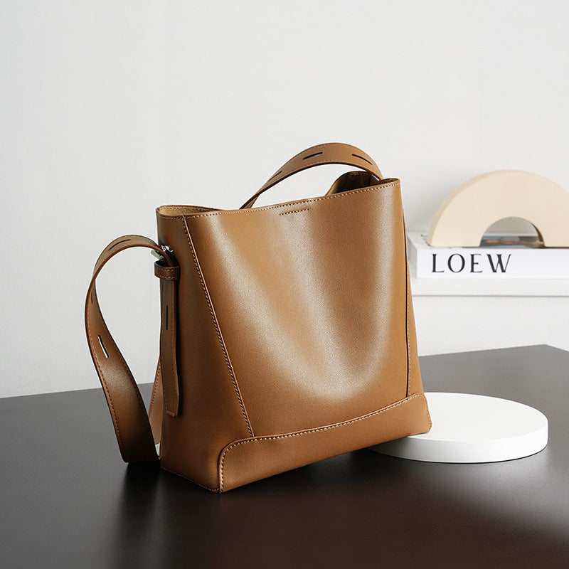 Genuine Leather Bucket Bag for Women, New Large Capacity Commute Shoulder Crossbody Purse, Premium Everyday Handbag for Ladies