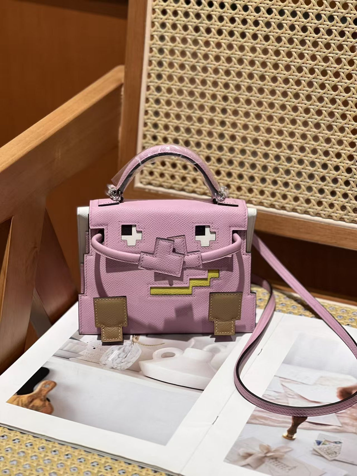 Mini Robot Doll Cross-Body Bag for Women, Hermès-Inspired Mosaic Pattern Bag with Vintage Lock, Epsom Leather Kelly-Style Shoulder Purse, Cute Novelty Handbag for Daily Wear
