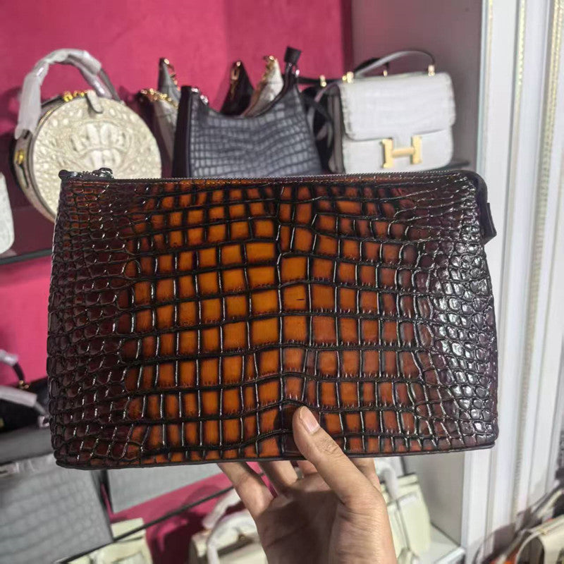New Arrival Genuine Leather Croc-Effect Wristlet Clutch for Men, A Large Capacity Envelope Hand Grab Bag with Multiple Compartments & Detachable Wrist Strap