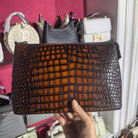 New Arrival Genuine Leather Croc-Effect Wristlet Clutch for Men, A Large Capacity Envelope Hand Grab Bag with Multiple Compartments & Detachable Wrist Strap