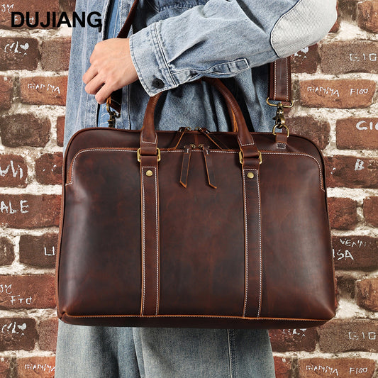 Vintage Crazy Horse Leather Multifunctional Briefcase, Business Top Handle Crossbody Laptop Bag, Premium Cowhide Work Bag for Men
