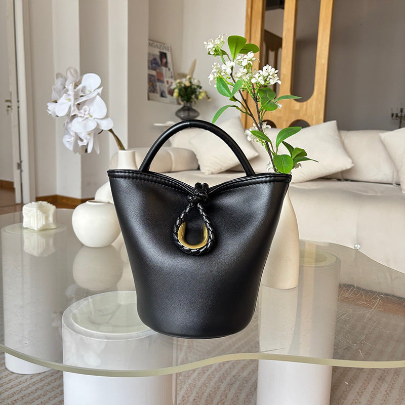 Genuine Cowhide Handwoven Bucket Bag with U-Buckle, New Vintage Shoulder Crossbody Top Handle Purse, Premium Handwoven Handbag for Ladies