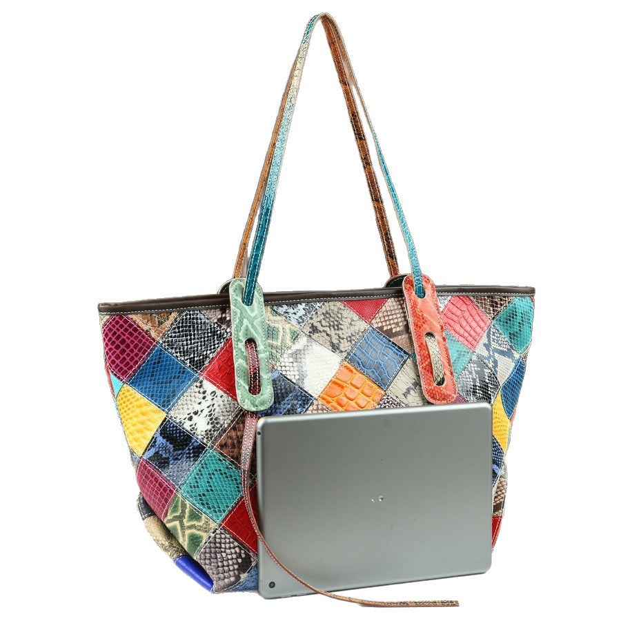 Genuine Leather Color-Block Bucket Tote for Women Large Capacity Patchwork Shoulder Handbag, Trendy Contrast Design with Premium Craftsmanship