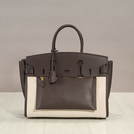 Chic Hand-Stitched Cowhide & Canvas Birkin-Inspired Tote Bag for Women, 30cm Genuine Leather Contrast Color Top-Handle Handbag with Vintage Retro Style