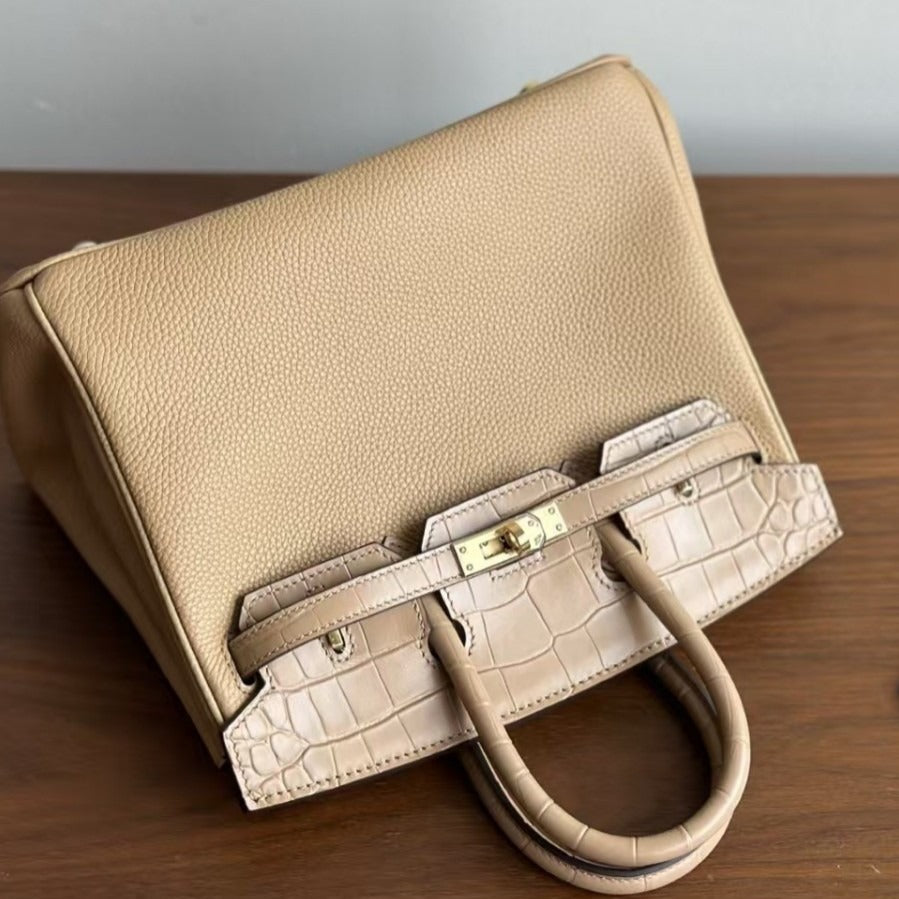 Women's Togo Leather Birkin-Style Tote Bag, Hermès-Inspired Crocodile-Embossed Top-Handle Handbag with Premium Top-Layer Cowhide, Luxe Spacious Satchel for Work & Travel, New Arrival