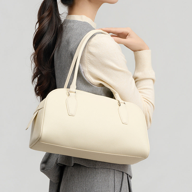 New Spring Row Boston Bowling Bag in Genuine Leather, Premium Shoulder Top Handle Underarm Purse, Chic Handbag for Women
