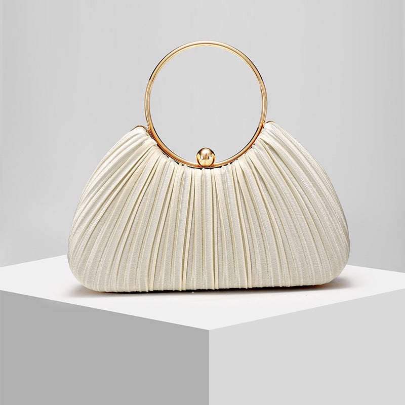 Satin Pleated Evening Clutch for Women, New Ring Top Handle Formal Gown Bag, Elegant Prom Party Handbag for Ladies