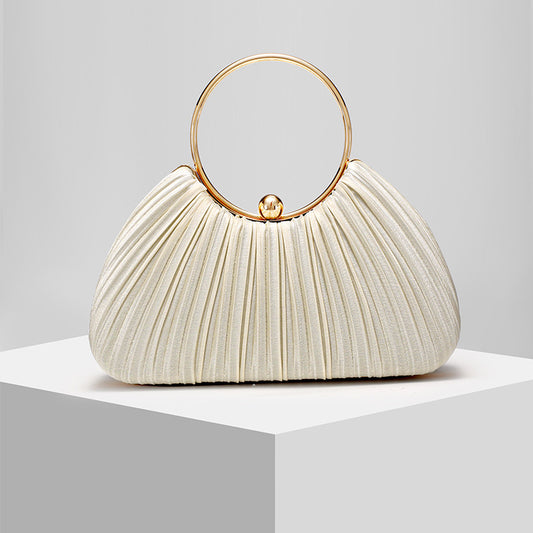 Satin Pleated Evening Clutch for Women, New Ring Top Handle Formal Gown Bag, Elegant Prom Party Handbag for Ladies