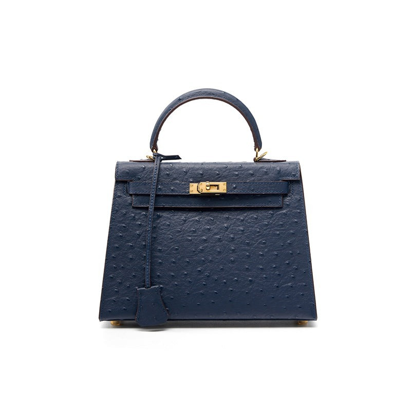 Women's Genuine Leather Handbag Shoulder Bag Top Layer Cowhide Kelly Style Crossbody Purse with Ostrich Embossed Texture