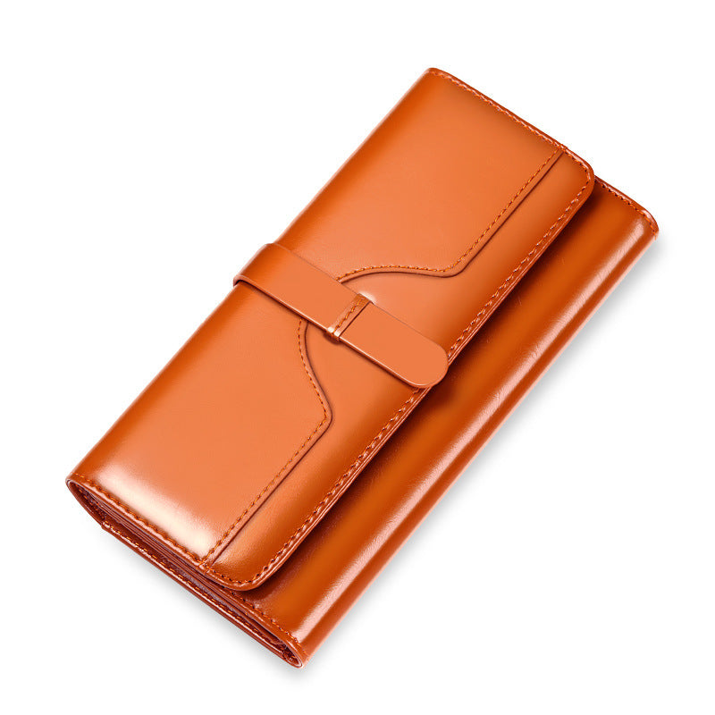 Genuine Cowhide Long Tri-Fold Wallet for Women, Snap Button Multi-Card Large Capacity Clutch Purse, Premium Leather Money Holder for Ladies