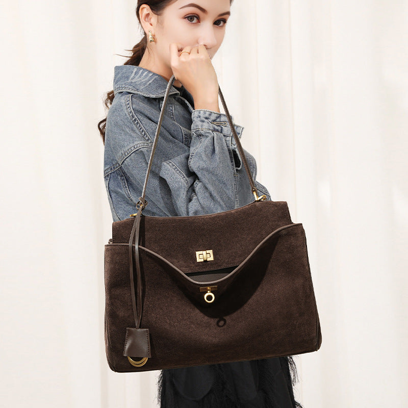 Genuine Suede Matte Cowhide Rodeo Tote Bag for Women, Structured Underarm Shoulder Purse, Large Capacity Premium Commute Handbag for Ladies