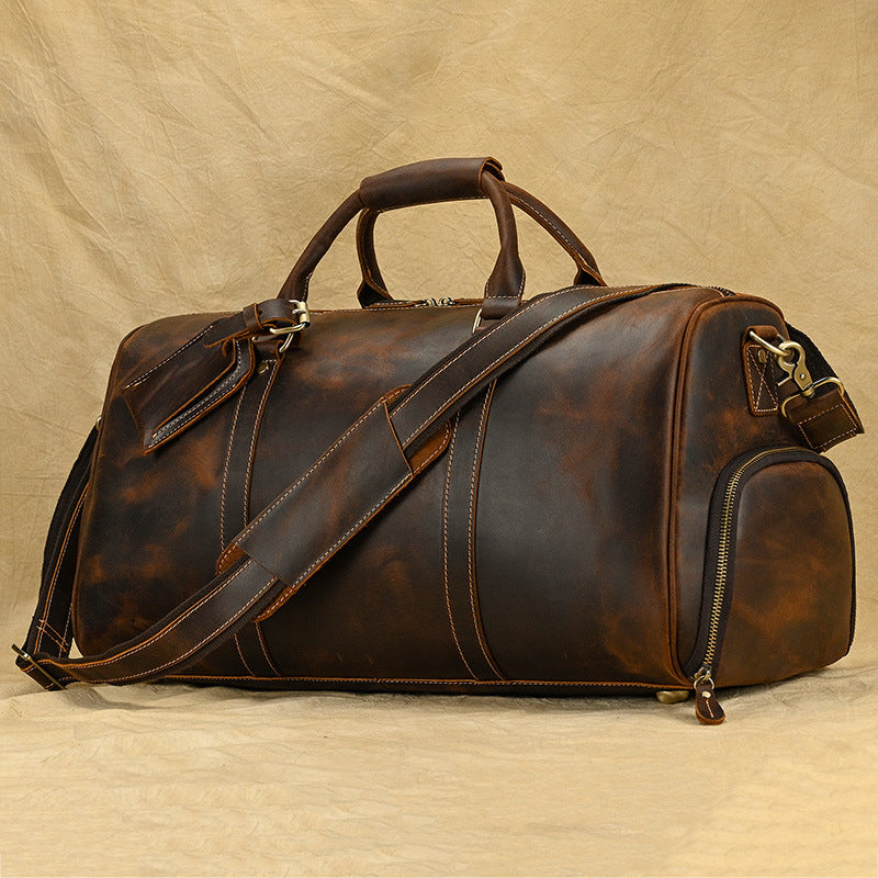New Vintage Crazy Horse Leather Duffle Bag 20 Inch Shoulder Travel Gym Weekender with Shoe Compartment