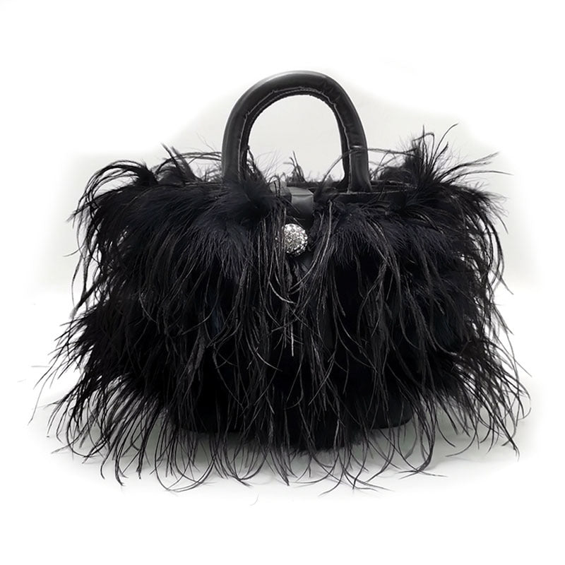 Genuine Ostrich Feather Tassel Handbag for Women, Light Luxury Trendy Top Handle Shoulder Purse, Runway Evening Clutch for Ladies