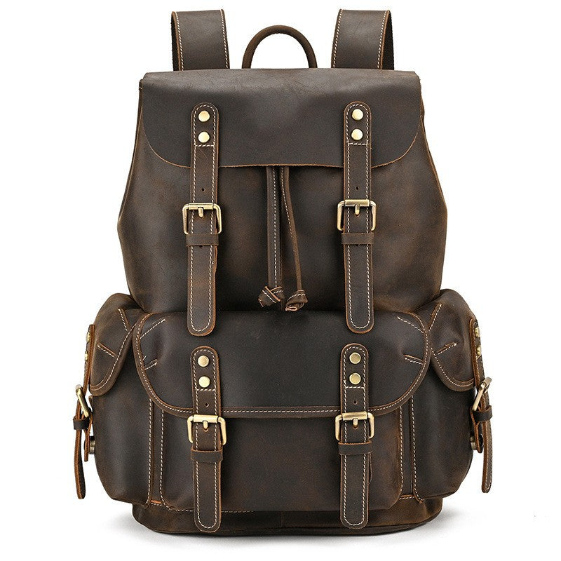 Large Capacity Crazy Horse Leather Flap Backpack, Original Outdoor Travel Daypack, Unique Top Layer Cowhide Rucksack for Men