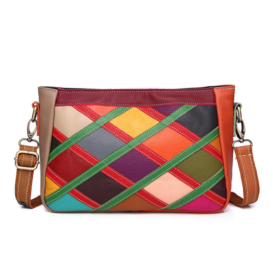 Premium Handcrafted Colorful Plaid Color-Block Cowhide Leather Bag for Women | New Trendy Small Shoulder Purse with Unique Patchwork Design | Fashionable Versatile Handbag for Everyday Chic, Travel & Casual Outings | Statement Accessory with Vibrant