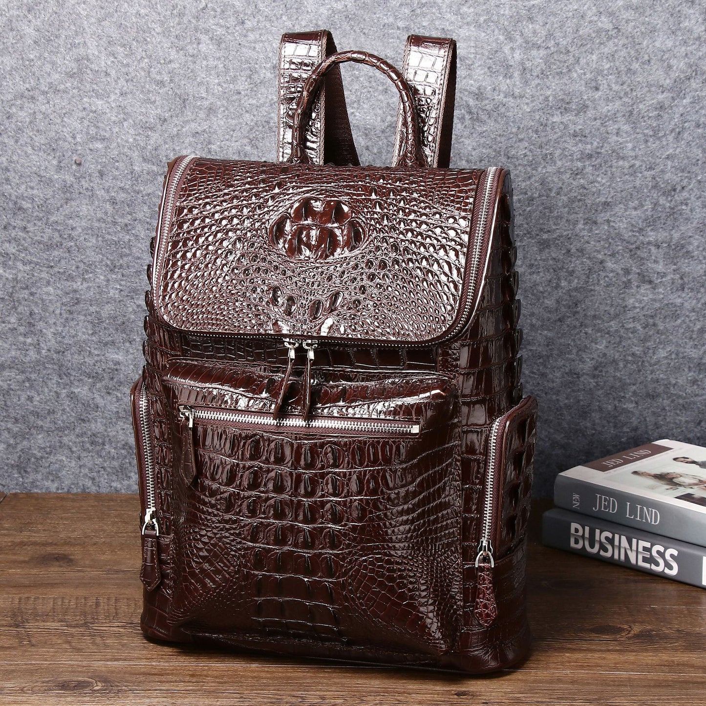 New Arrival Classic Brown Croc-Effect Backpack for Men, A Large Capacity Casual Travel Daypack Perfect for Outdoor & Everyday Use
