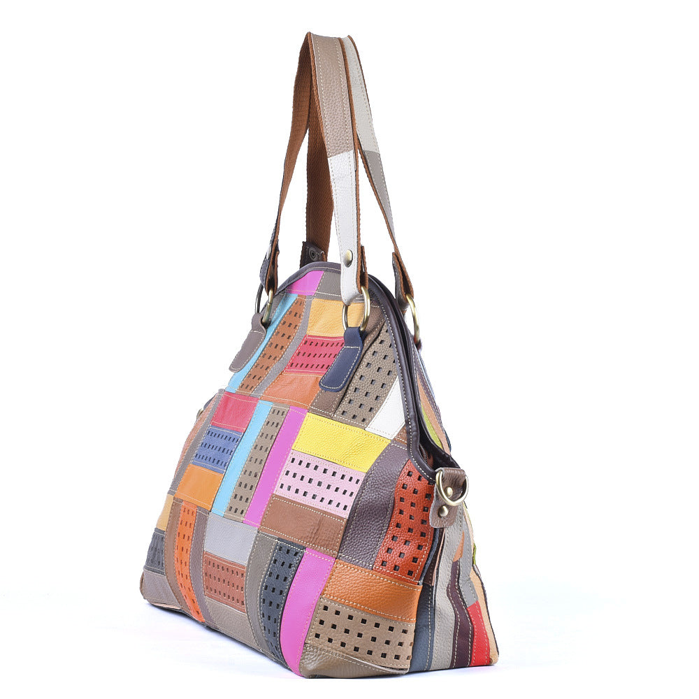 New Color Block Patchwork Genuine Cowhide Tote, Unique Design Large Capacity Shoulder Crossbody Top Handle Purse, Stylish Handbag for Women