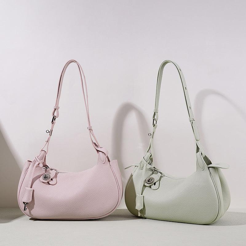 Genuine Leather Crescent Bag for Women, Candy Color Original Minimalist Design Shoulder Underarm Top Handle Purse, Premium Niche Handbag for Ladies