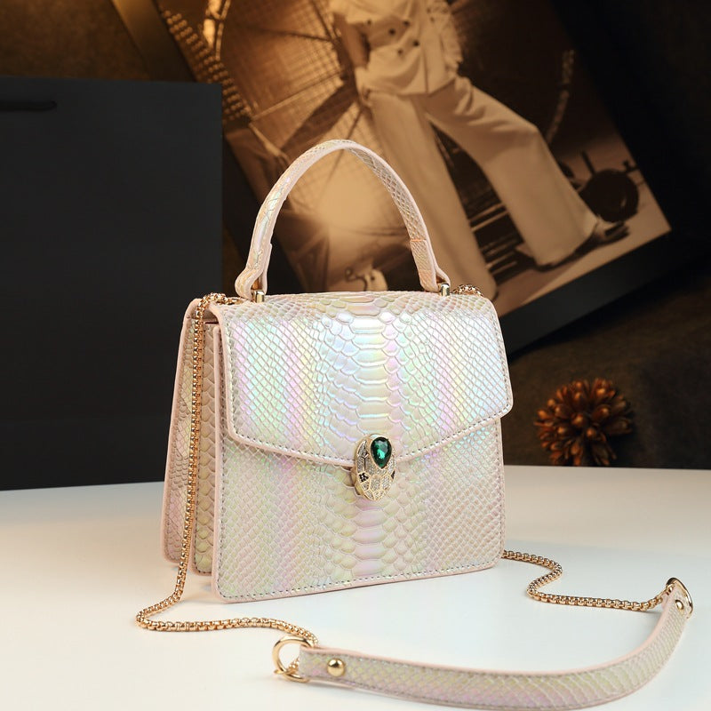 Genuine Leather Ostrich-Embossed Snake Head Mini Bag for Women, Light Luxury Accordion Chain Shoulder Crossbody Purse, Elegant Small Square Bestseller for Ladies
