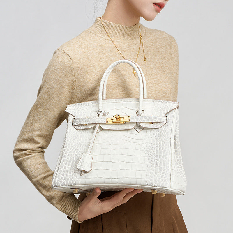 Genuine White Top Layer Cowhide Crocodile-Embossed Birkin-Style Bag for Women, Large Capacity Commute Top Handle Shoulder Purse, Premium Handbag for Ladies