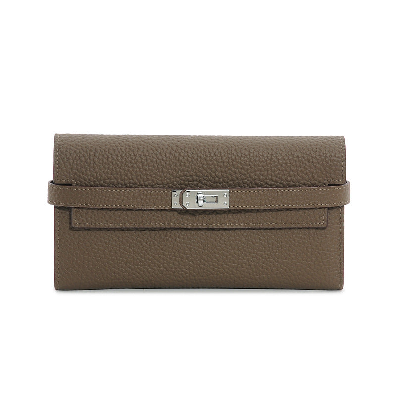 Genuine Top Layer Cowhide Long Wallet for Women, New Minimalist Pebbled Leather Clutch Purse, Fashionable Birkin-Kelly Style Handbag for Ladies