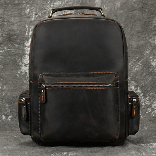 Vintage Crazy Horse Leather Large Capacity Backpack, Top Layer Cowhide Laptop School Bag, Durable Travel Daypack for Men