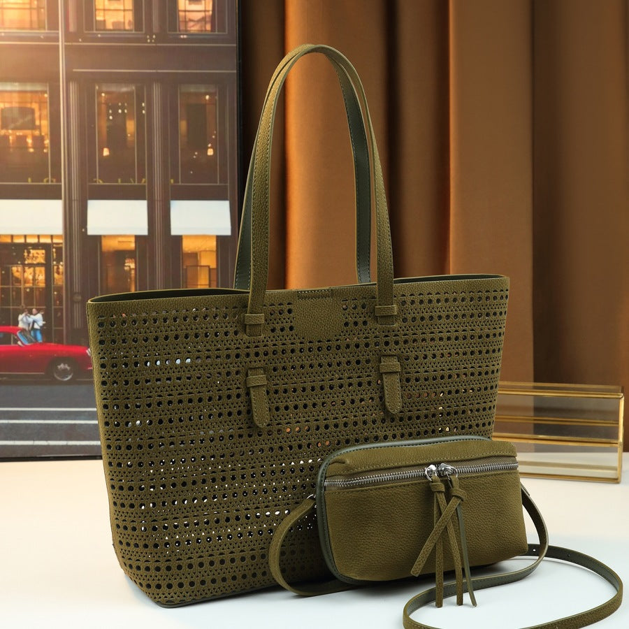 Hollow Korean Style Sub-Bag Tote for Women Large Capacity Shoulder Handbag with Detachable Pouch, Versatile Fall Going-Out Purse