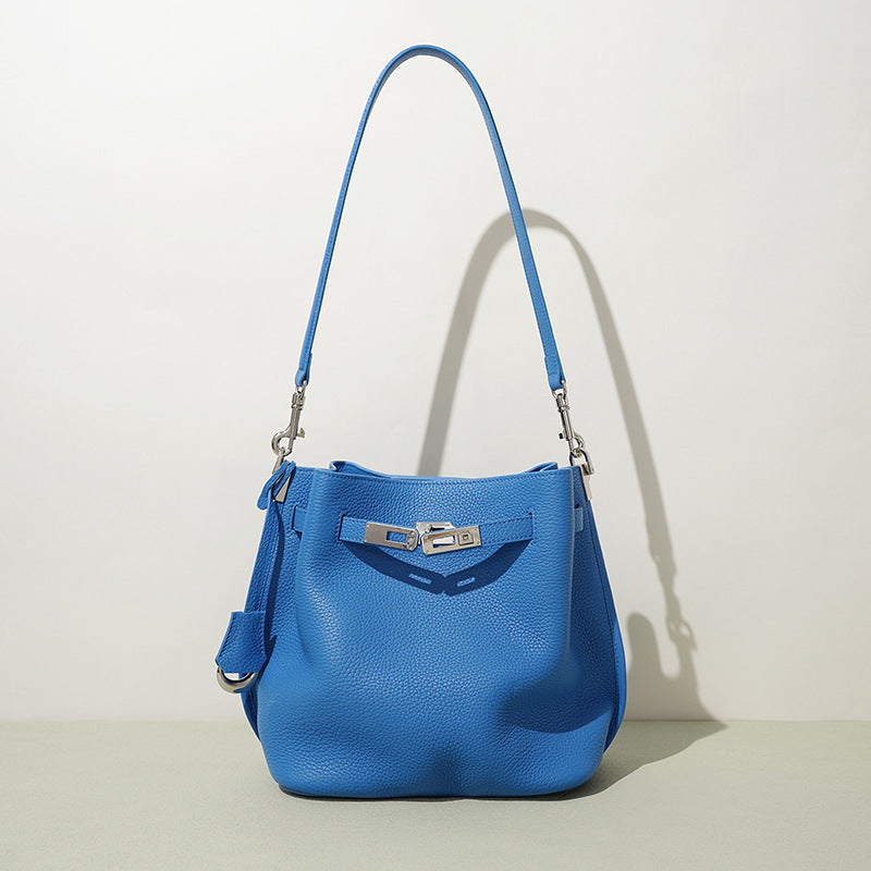 Genuine Soft Pebbled Leather Bucket Bag for Women, Fashionable Versatile Shoulder Crossbody Purse, Minimalist Niche Design Handbag for Ladies