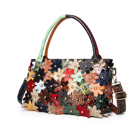 Genuine Leather Snakeskin Floral Color Block Handbag for Women, Trendy Rivet Decor Shoulder Top Handle Purse, Casual Versatile Everyday Bag