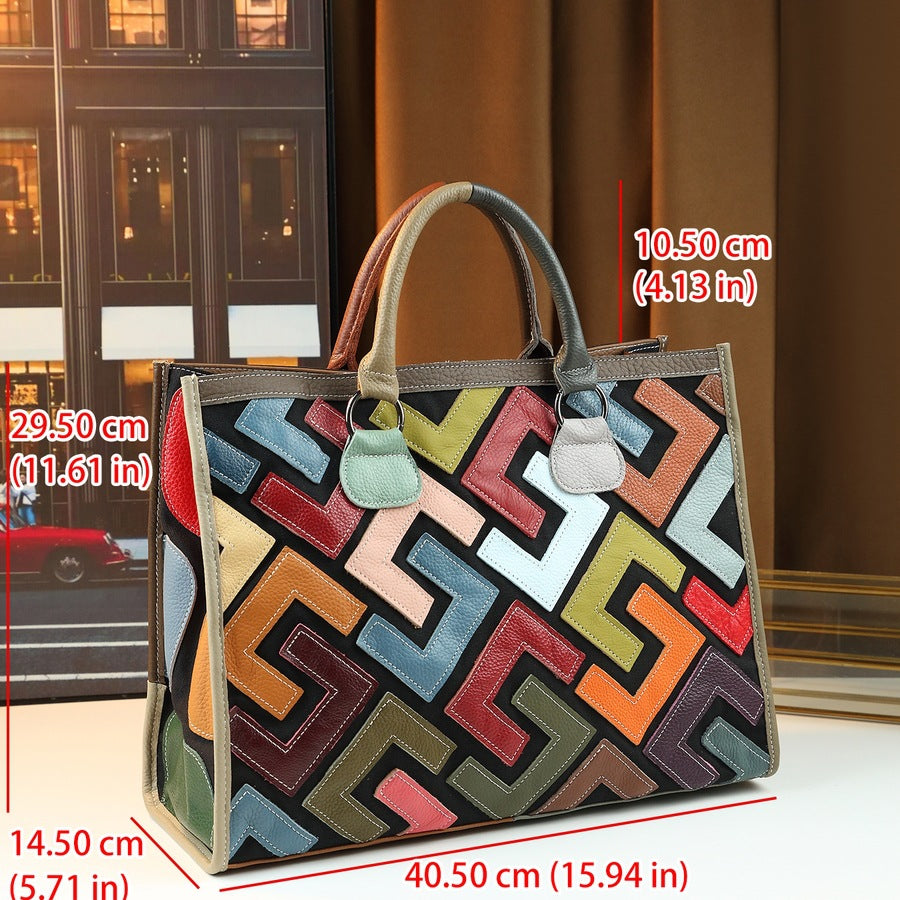 Genuine Leather Letter Print Bucket Bag for Women Vintage Large Capacity Shoulder Handbag, High-Quality Purse with Stylish Monogram Design