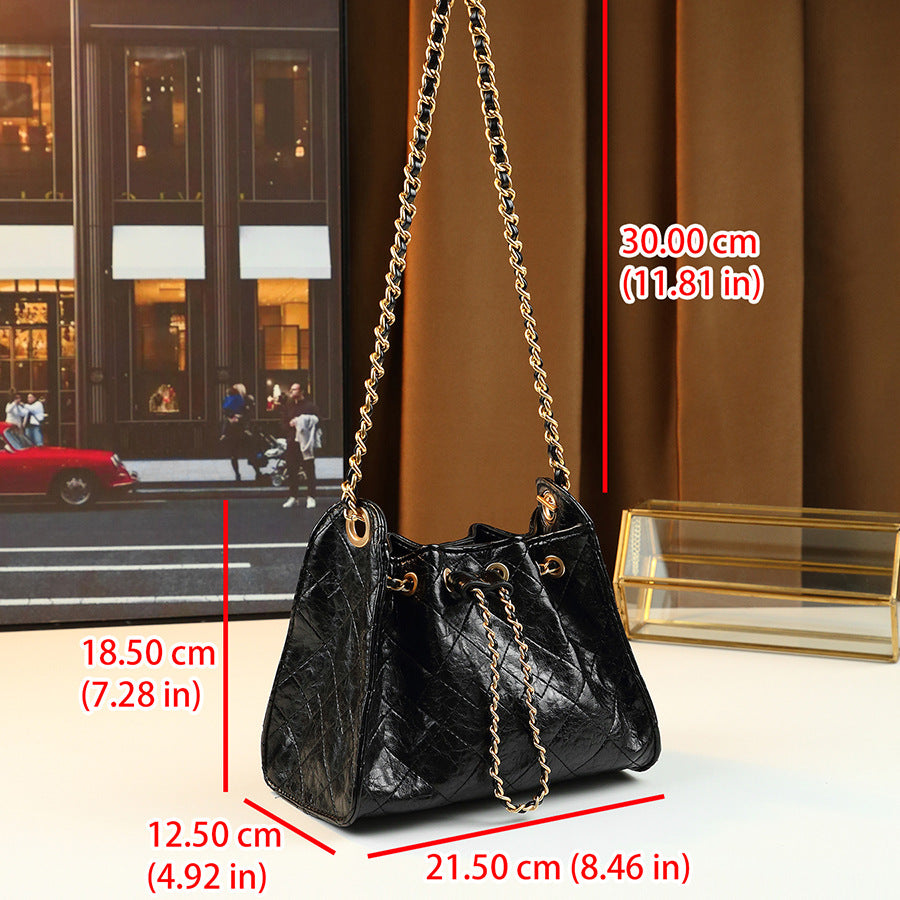 Quilted Drawstring Bucket Bag for Women Creamy Chain Shoulder Crossbody Handbag, Soft Versatile Purse with Sweet Spring Style
