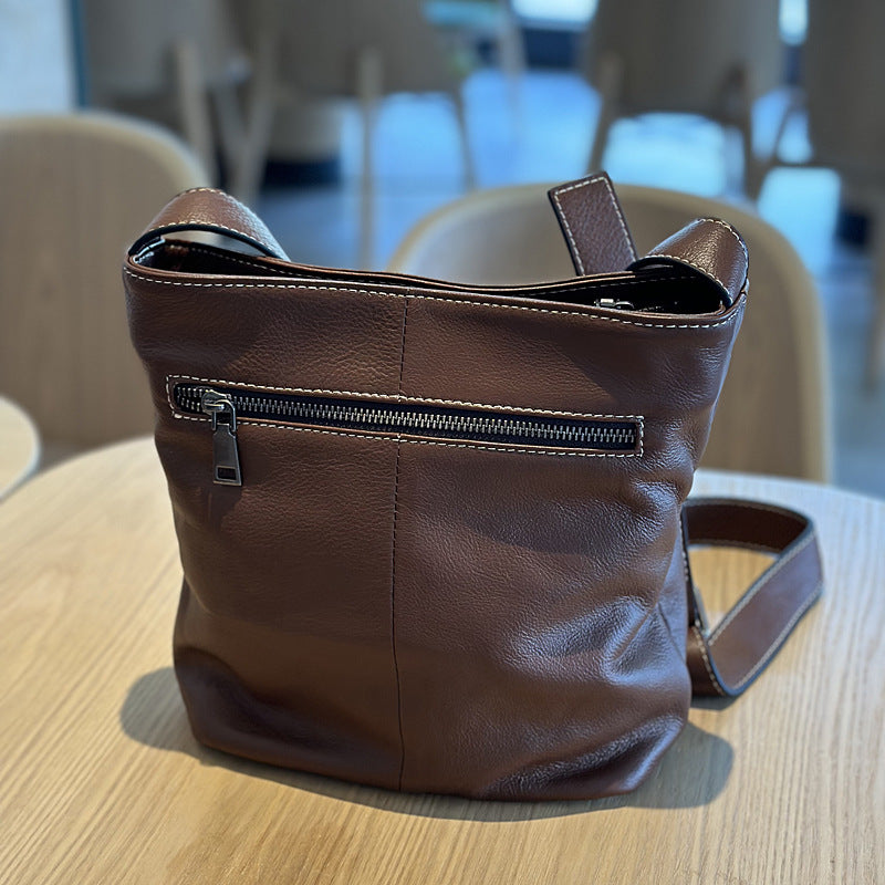 Genuine Soft Cowhide Bucket Bag for Women, New Japanese Casual Vintage Shoulder Crossbody Purse, Versatile Everyday Handbag for Ladies