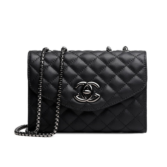 Women's Genuine Leather Quilted Chain Cross-Body Bag, Light Luxury Small Square Shoulder Purse with High-End Sophisticated Style, Trendy Everyday Handbag for Women