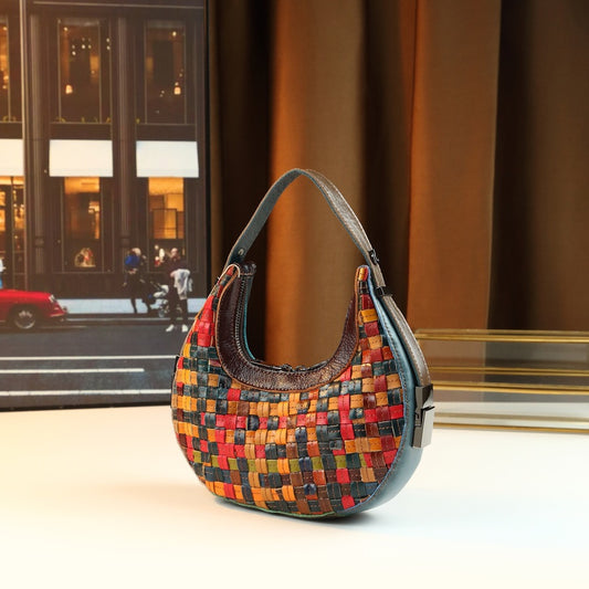 Vintage Woven Horn Bag for Women Genuine Cowhide Leather Patchwork Crossbody Top Handle Shoulder Purse with Artistic Retro Design