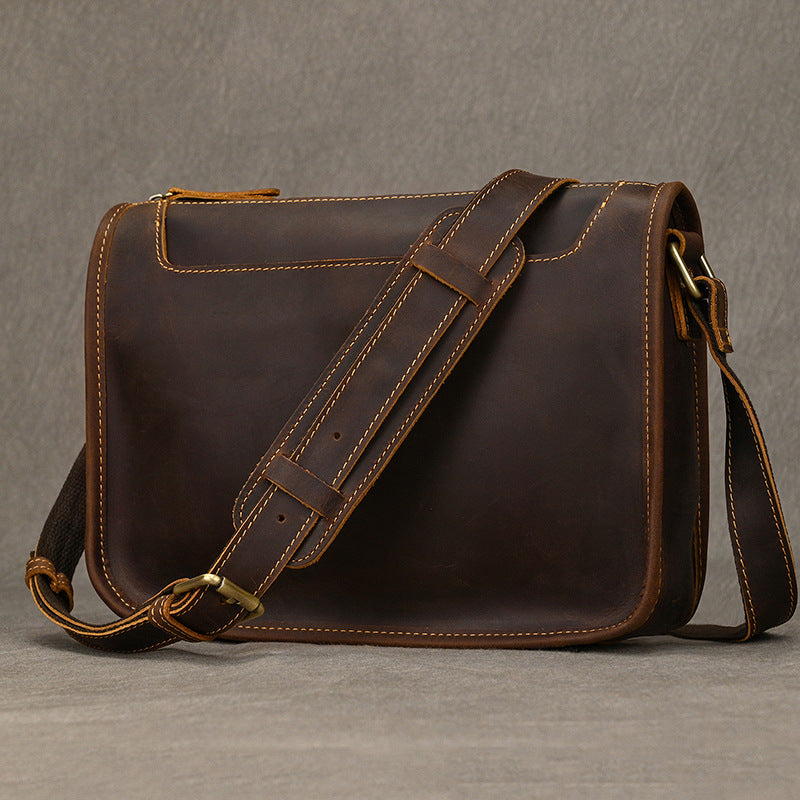 Vintage Crazy Horse Leather Shoulder Crossbody Bag, Genuine Cowhide Pouch, Casual Men's Bag