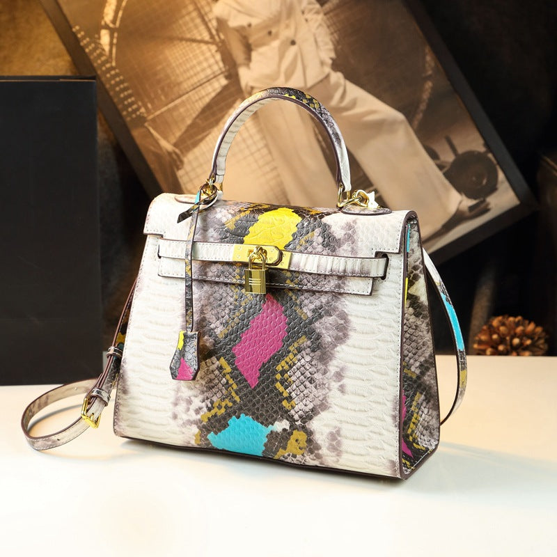Genuine Leather Kelly Bag 2nd Generation Birkin Style Large Tote Shoulder Crossbody Handbag with Snakeskin Embossed Pattern