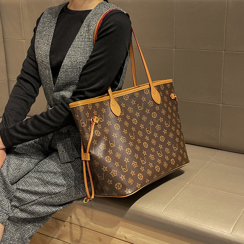 Women's Lightweight Tote Bag with Printed Design & Detachable Pouch, Large-Capacity Commuter Handbag, Light Luxury Minimalist Shoulder Purse for Work, Travel & Daily Errands