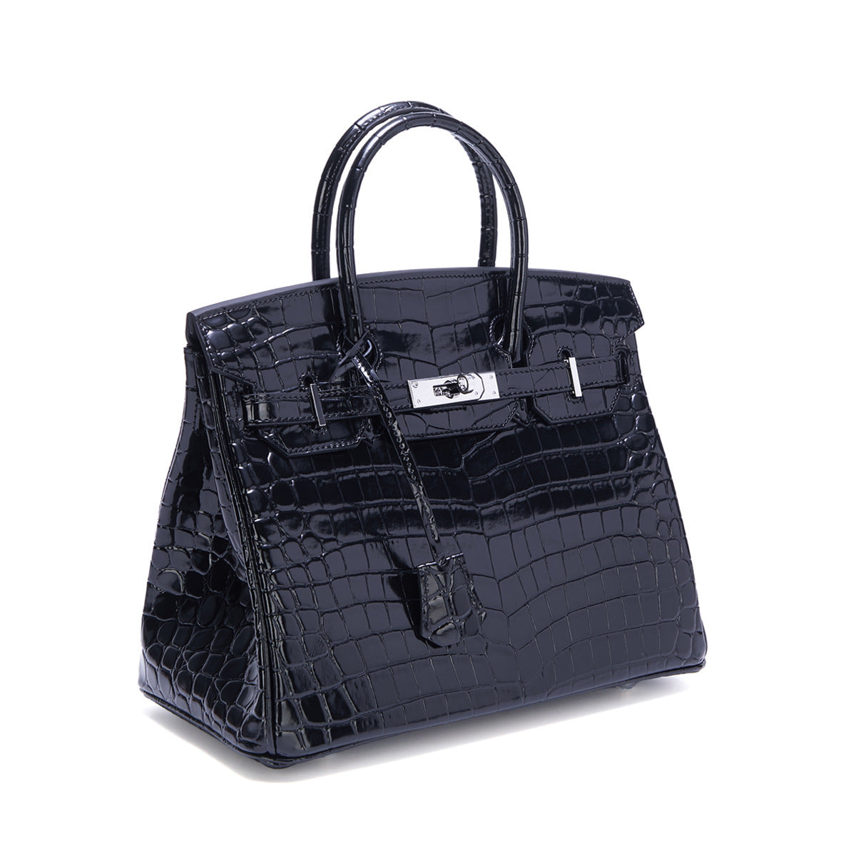 Genuine Leather Patent Crocodile-Embossed Birkin-Style Bag for Women, New Fashionable Top Handle Shoulder Crossbody Purse with Silver-Tone Hardware, Trendy Handbag for Ladies