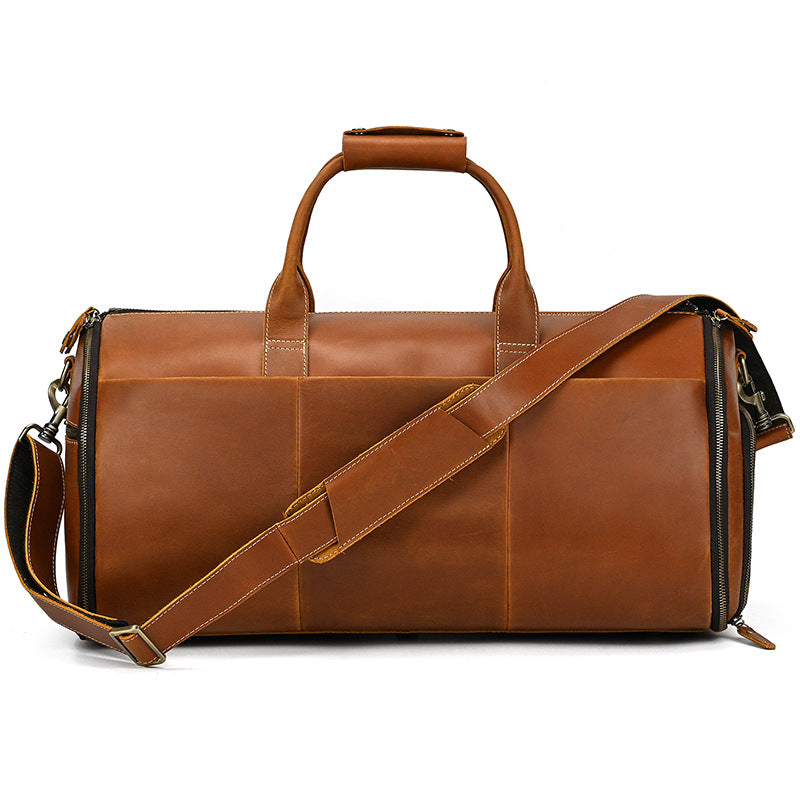 New Crazy Horse Leather Foldable Suit Travel Duffle, Wet-Dry Separated Garment Bag, Versatile Gym Weekender for Men