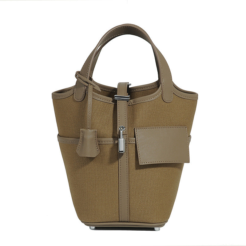 Genuine Smooth Cowhide Canvas Patchwork Bucket Bag for Women, Waxed Thread Stitched Top Handle Crossbody Basket Purse, Casual Tote Handbag with Pocket Detail for Ladies
