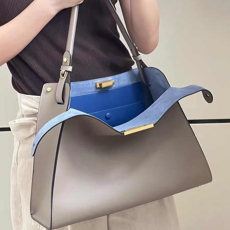 Premium Calfskin Leather Peekaboo Style Large Shoulder Tote Crossbody Handbag for Women, Top Handle Underarm Bag with X-Lite Design