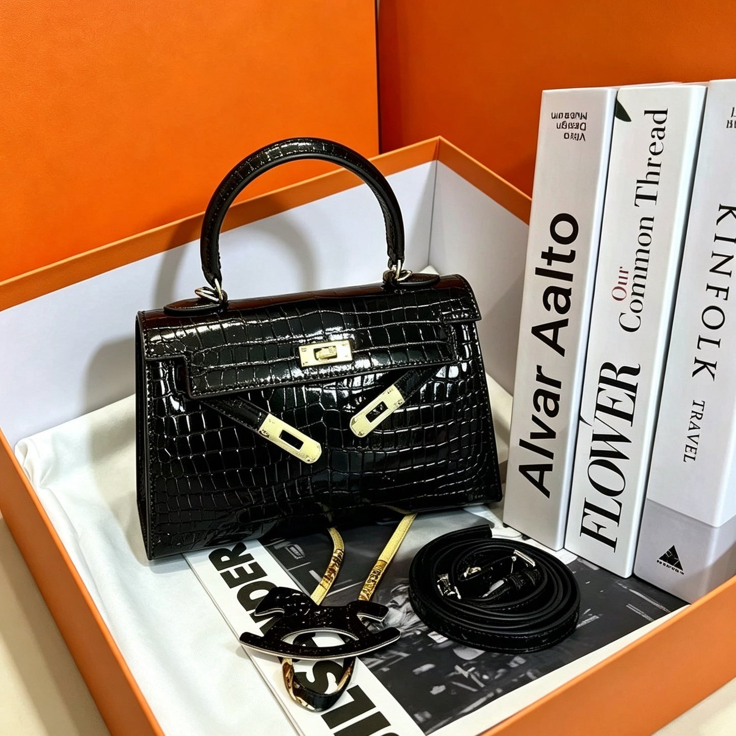New Arrival Kelly-Inspired Croc-Effect Genuine Leather Tote Bag for Women, A Large Capacity Top-Handle Shoulder Crossbody Handbag with Turn-Lock Design & Trendy Style