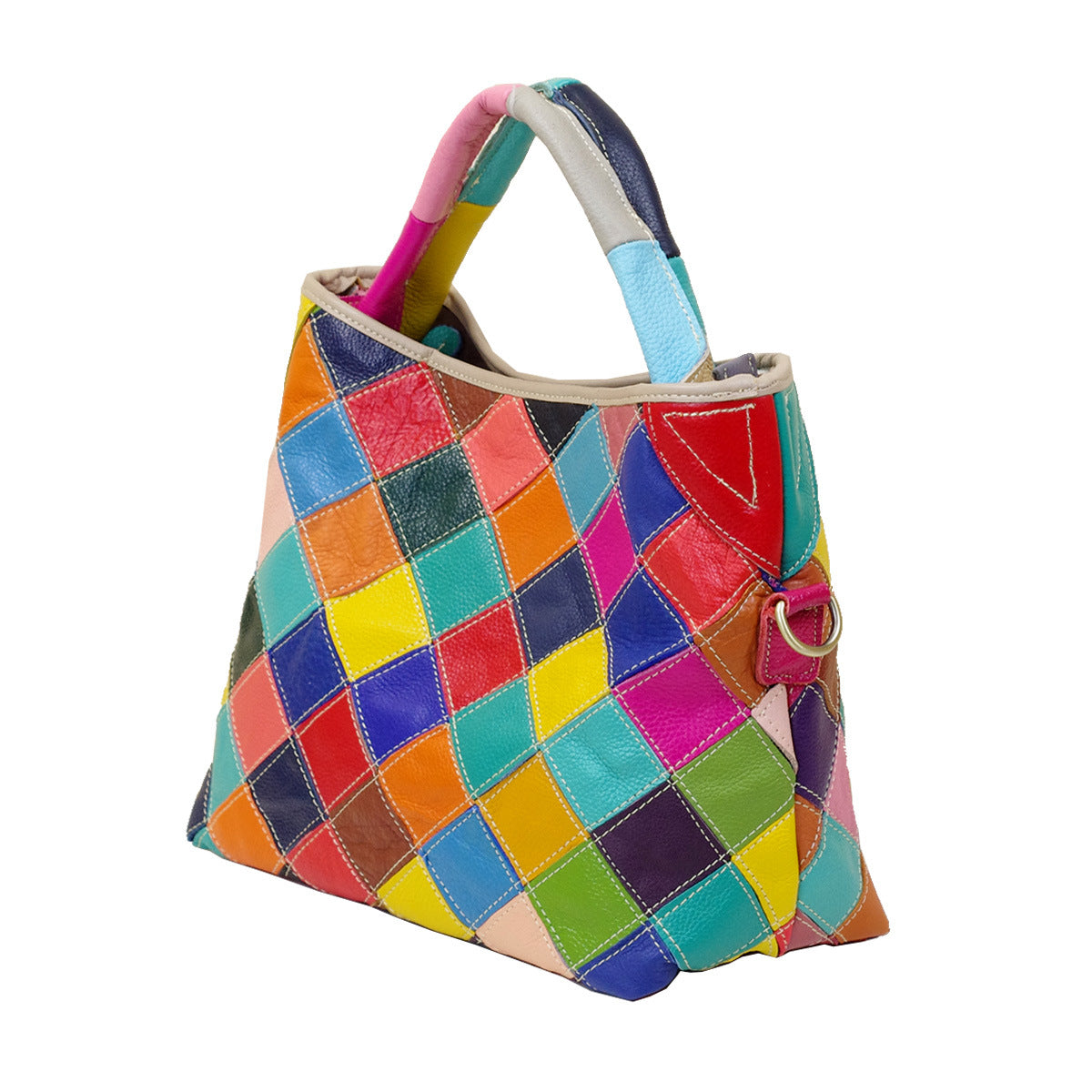 Premium Top-Layer Cowhide Leather Quilted Tote for Women | Ethnic-Inspired Color-Block Handbag with Unique Artistic Flair | Versatile Shoulder Top-Handle Bag with Trendy Bohemian Style | Statement Everyday Carryall with Vibrant Contrast Stitching & S