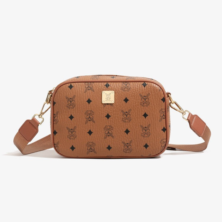 Genuine Leather Bear Print Crossbody Bag for Women, New Spring Summer Ins Style Casual Shoulder Purse, Versatile Fashionable Handbag for Ladies