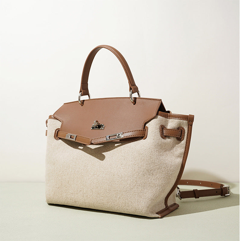 Genuine Leather & Linen Versatile Top Handle Backpack for Women, Korean Style High-End Commute Daypack, Premium Casual Bag for College Students and Ladies