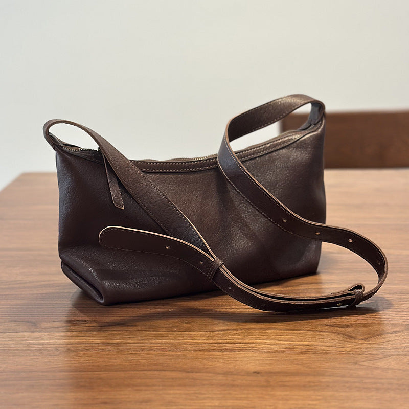 Vegetable-Tanned Soft Cowhide Crossbody Bag for Women, Vintage Pleated Shoulder Purse, Casual Small Leather Handbag for Ladies