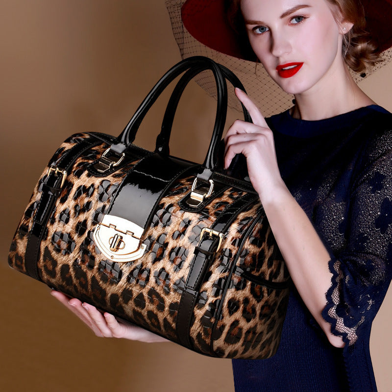 New Leopard Print Genuine Cowhide Leather Boston Bag, Large Capacity Top Handle Shoulder Purse, Stylish Handbag for Women