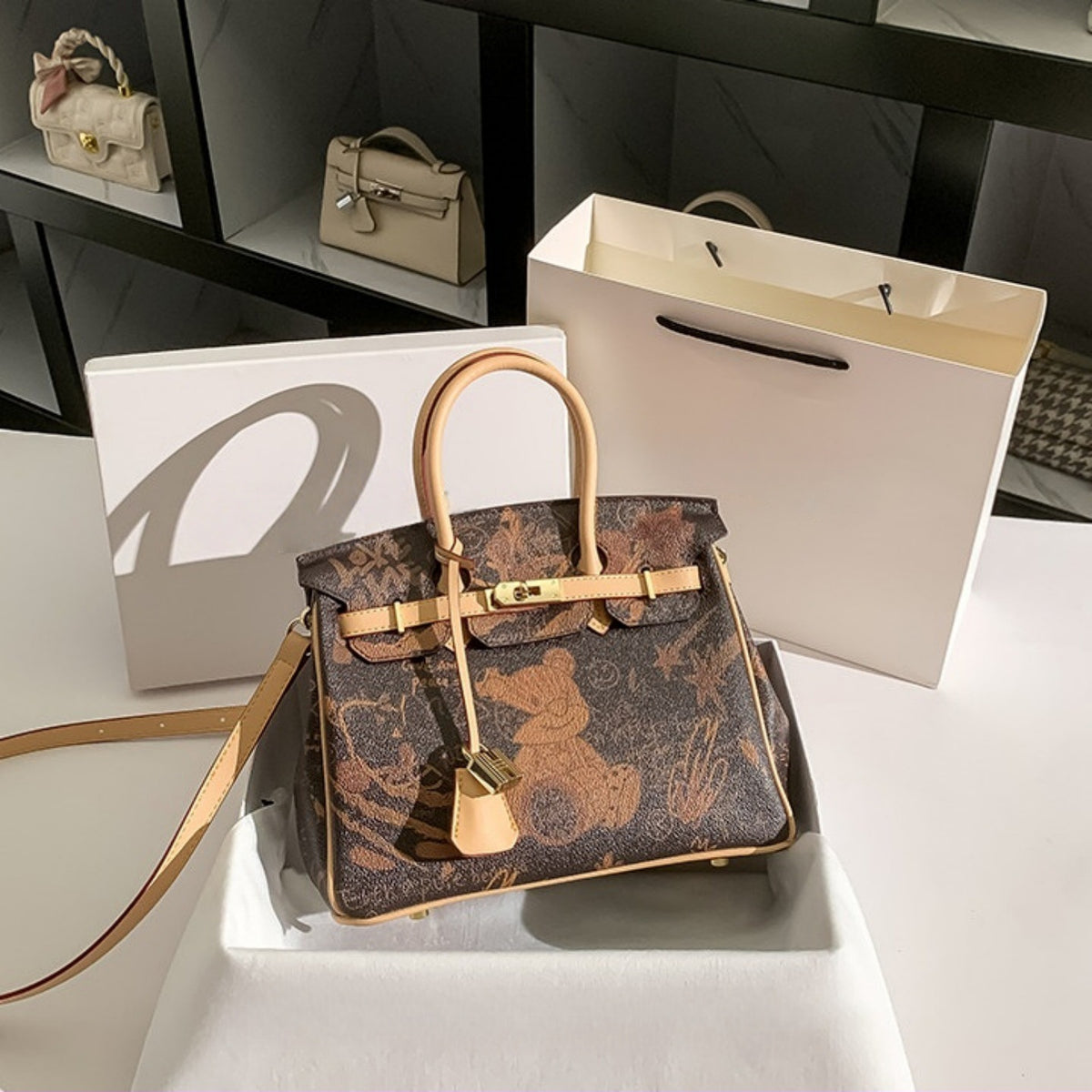 New Arrival Graffiti Bear Birkin-Inspired Tote Bag for Women, Large Capacity Shoulder Crossbody Handbag with Playful Versatile Design, Perfect Everyday Purse